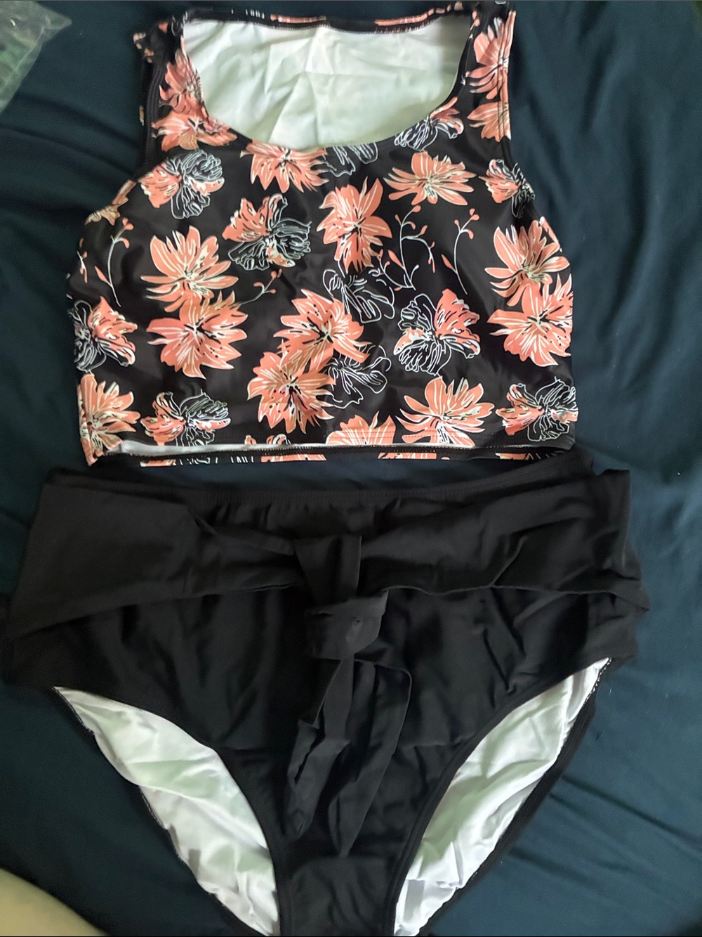 Black Floral Two-Piece Swimsuit Set with Coral Flowers